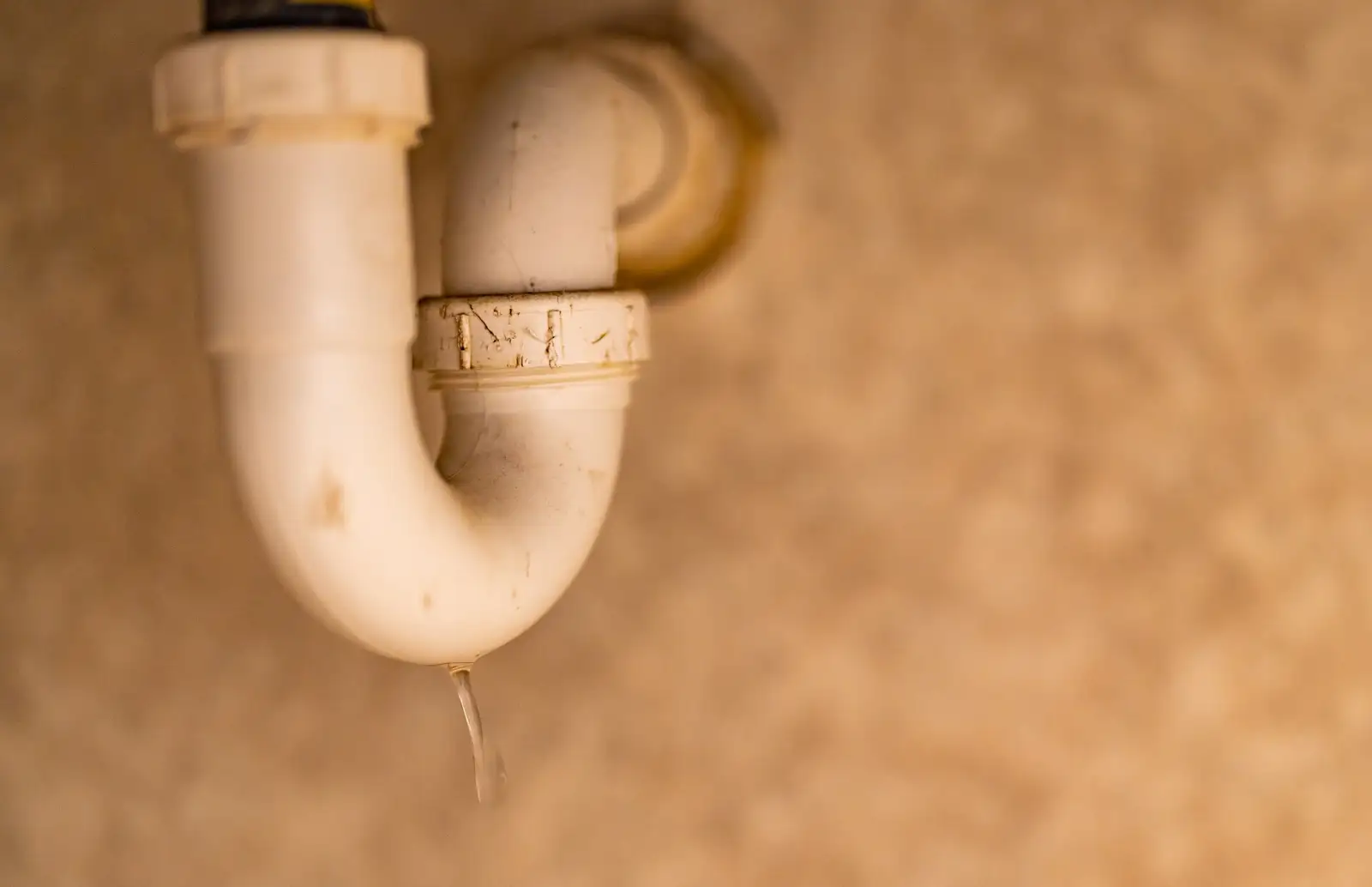 Siphon en U en PVC blanc sous un lavabo, avec une goutte d'eau qui perle sous la courbe